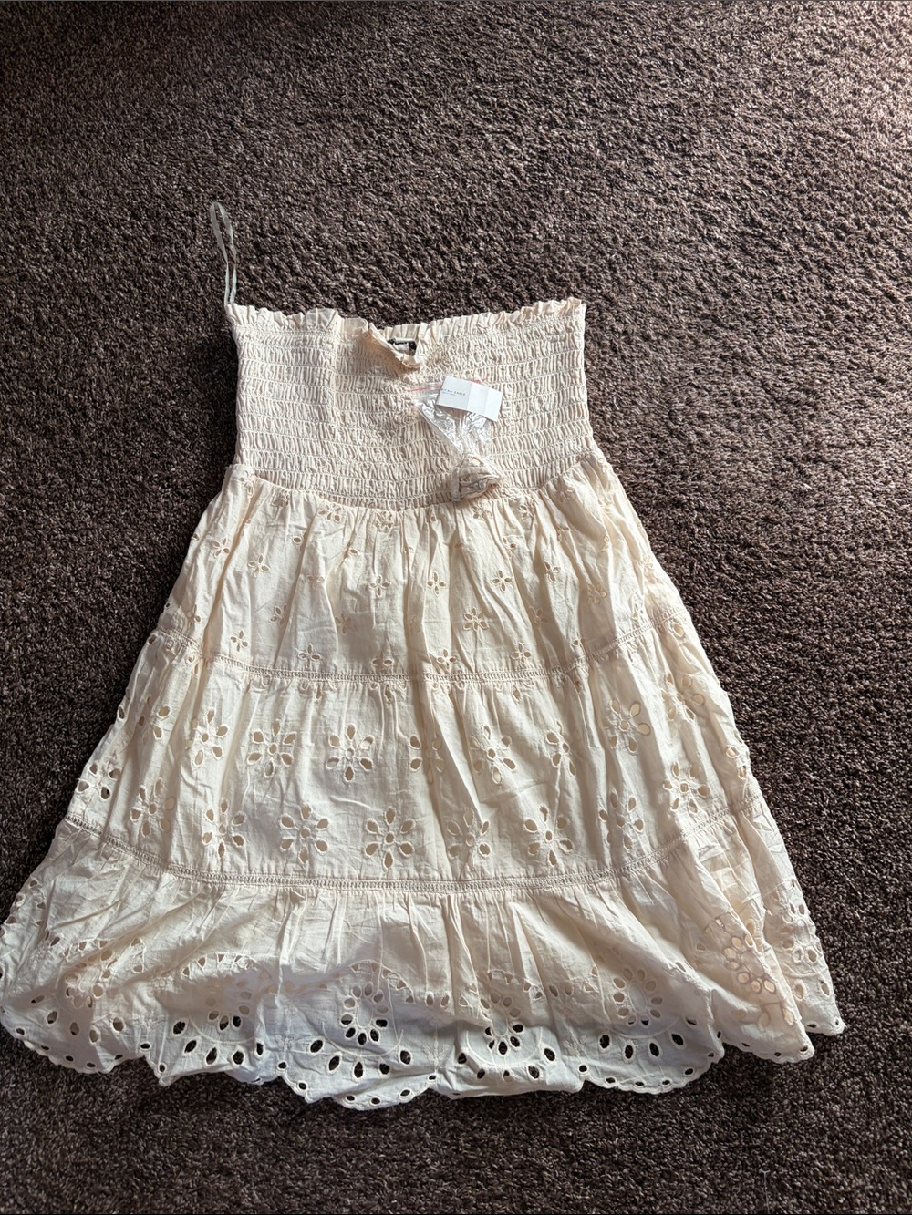 American Eagle Outfitters Cream Strapless Eyelet Midi Dress